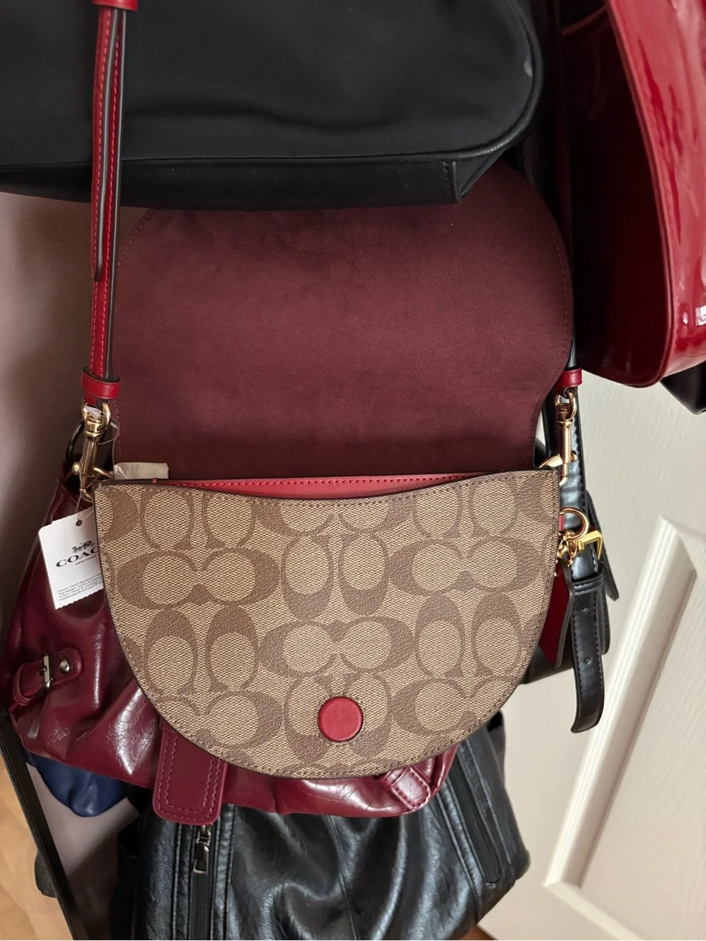Coach Brown Signature Canvas and Red Leather Saddle Crossbody
